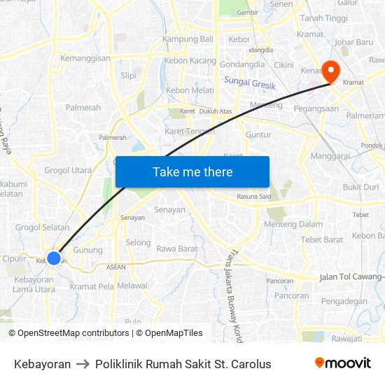 Kebayoran to Poliklinik Rumah Sakit St. Carolus map