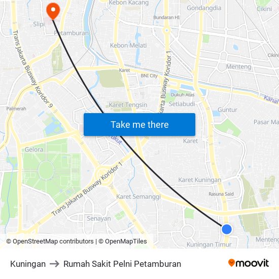 Kuningan to Rumah Sakit Pelni Petamburan map