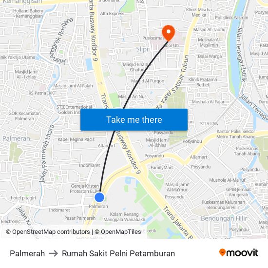 Palmerah to Rumah Sakit Pelni Petamburan map