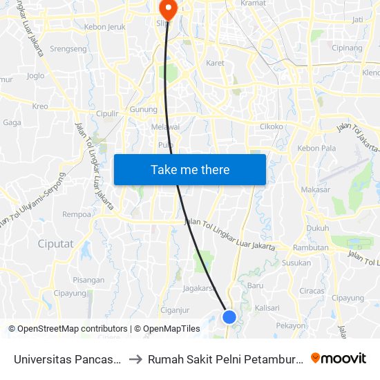 Universitas Pancasila to Rumah Sakit Pelni Petamburan map