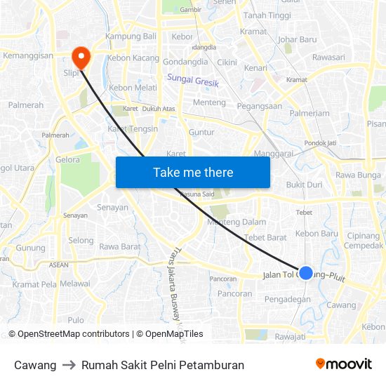 Cawang to Rumah Sakit Pelni Petamburan map