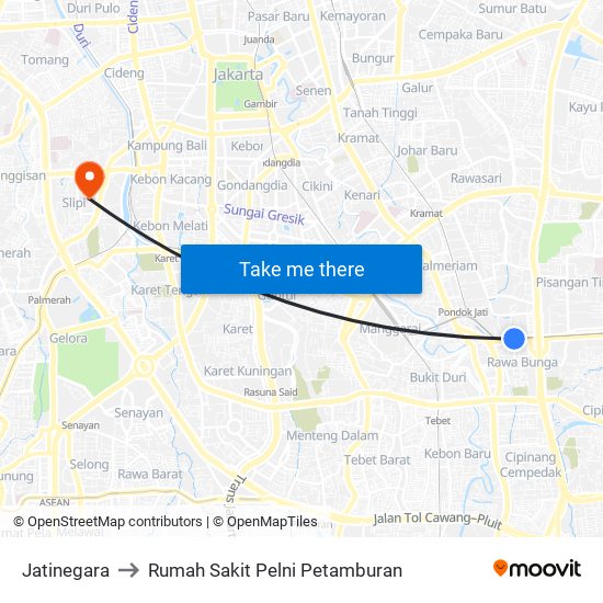 Jatinegara to Rumah Sakit Pelni Petamburan map