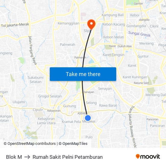 Blok M to Rumah Sakit Pelni Petamburan map