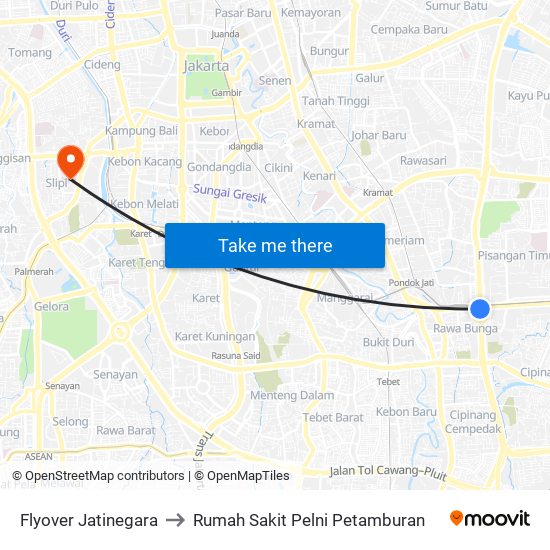 Flyover Jatinegara to Rumah Sakit Pelni Petamburan map