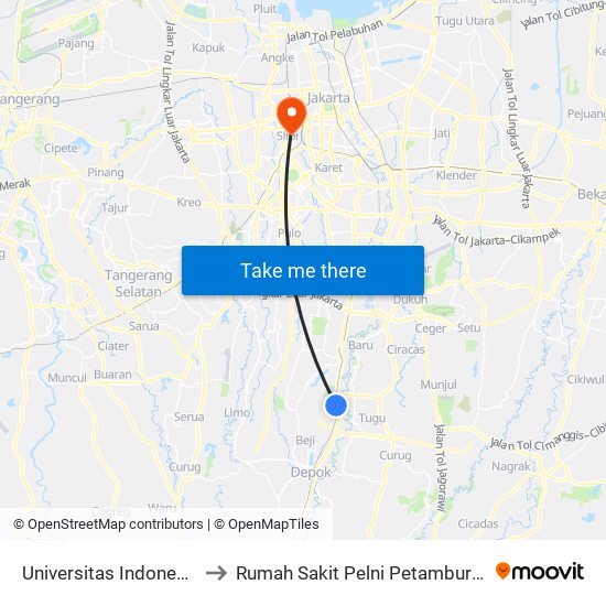 Universitas Indonesia to Rumah Sakit Pelni Petamburan map
