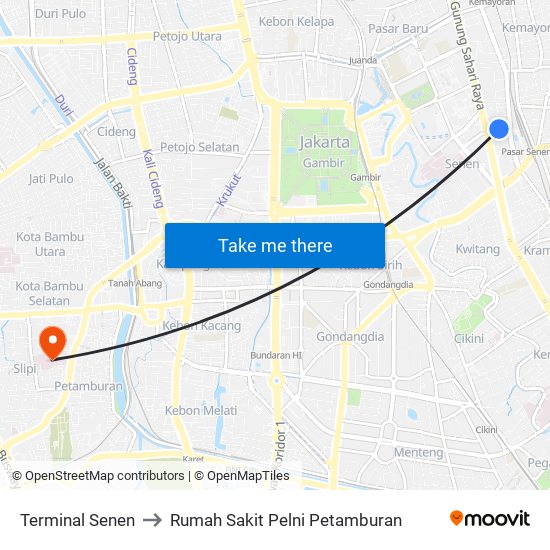 Terminal Senen to Rumah Sakit Pelni Petamburan map