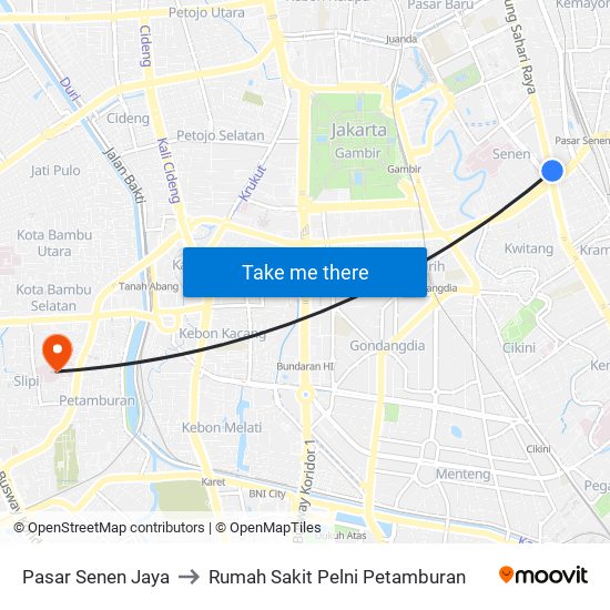 Pasar Senen Jaya to Rumah Sakit Pelni Petamburan map