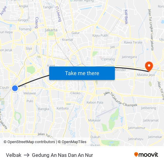 Velbak to Gedung An Nas Dan An Nur map