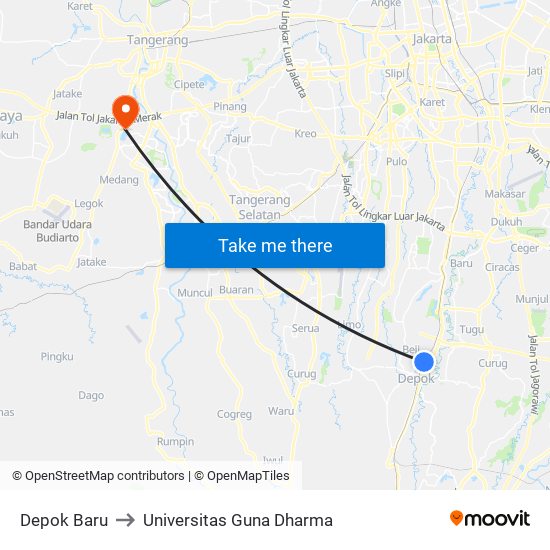 Depok Baru to Universitas Guna Dharma map