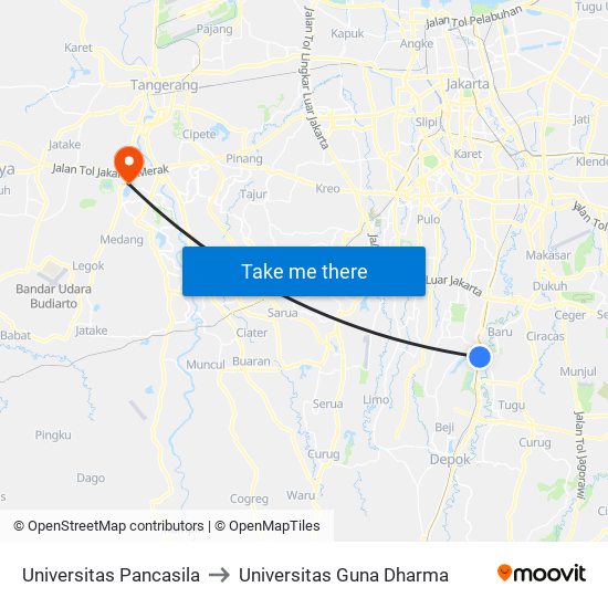 Universitas Pancasila to Universitas Guna Dharma map