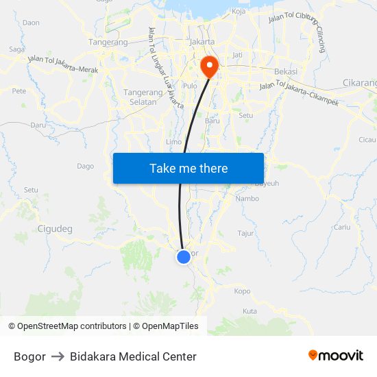 Bogor to Bidakara Medical Center map