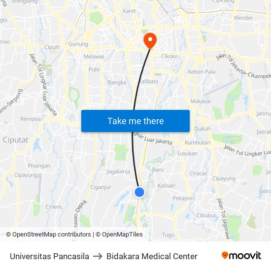 Universitas Pancasila to Bidakara Medical Center map