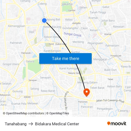 Tanahabang to Bidakara Medical Center map