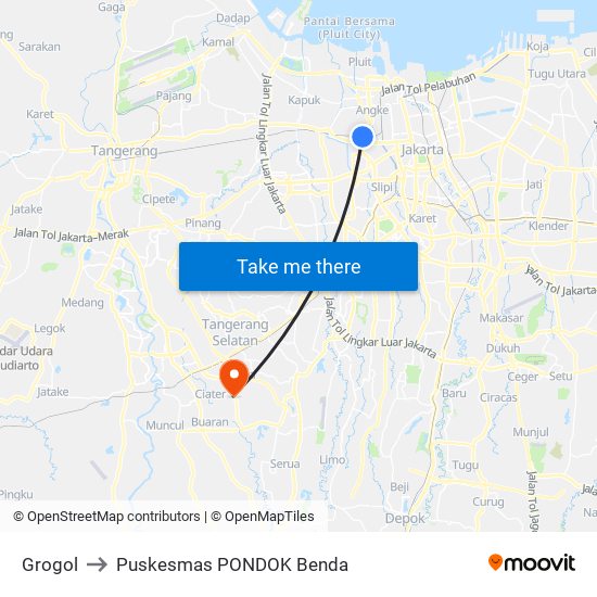 Grogol to Puskesmas PONDOK Benda map