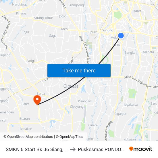 SMKN 6 Start Bs 06 Siang, 11 Siang to Puskesmas PONDOK Benda map