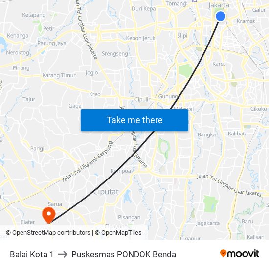 Balai Kota 1 to Puskesmas PONDOK Benda map