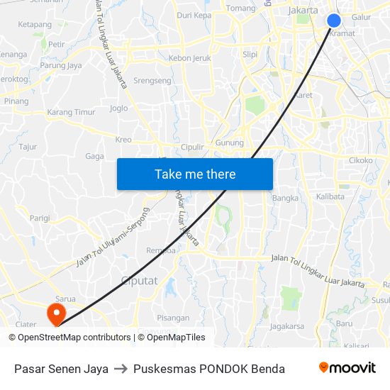 Pasar Senen Jaya to Puskesmas PONDOK Benda map