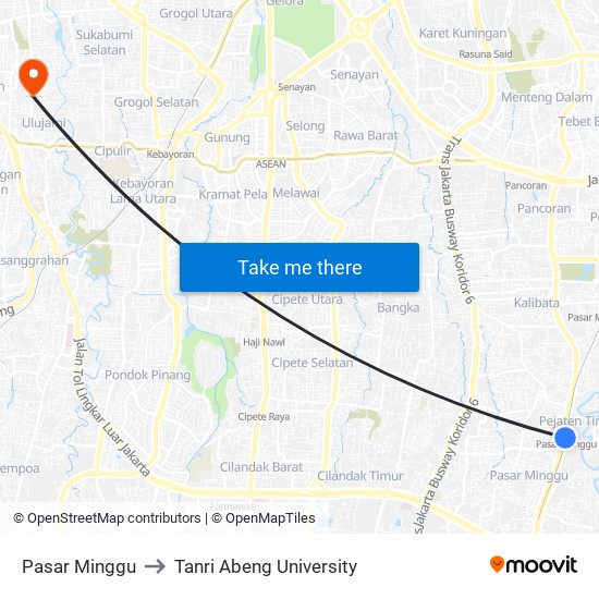 Pasar Minggu to Tanri Abeng University map