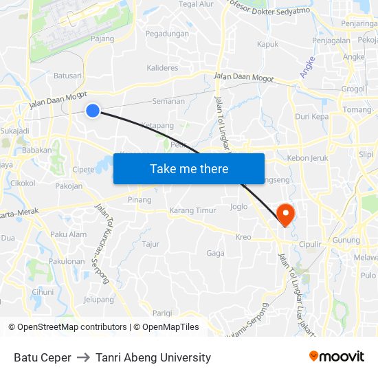 Batu Ceper to Tanri Abeng University map