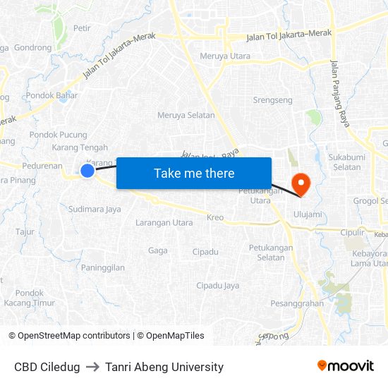 CBD Ciledug to Tanri Abeng University map