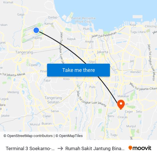 Terminal 3 Soekarno-Hatta to Rumah Sakit Jantung Binawaluya map