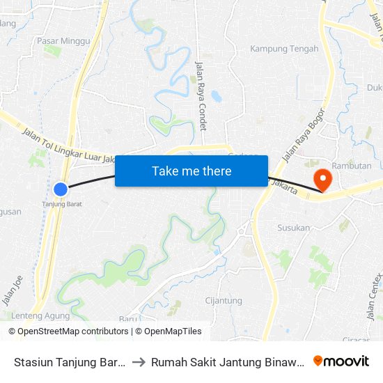 Stasiun Tanjung Barat 2 to Rumah Sakit Jantung Binawaluya map