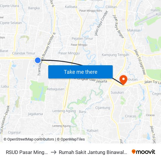 RSUD Pasar Minggu to Rumah Sakit Jantung Binawaluya map