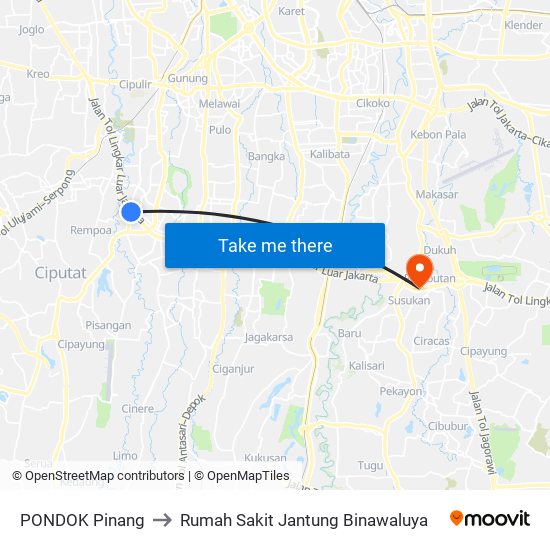 PONDOK Pinang to Rumah Sakit Jantung Binawaluya map