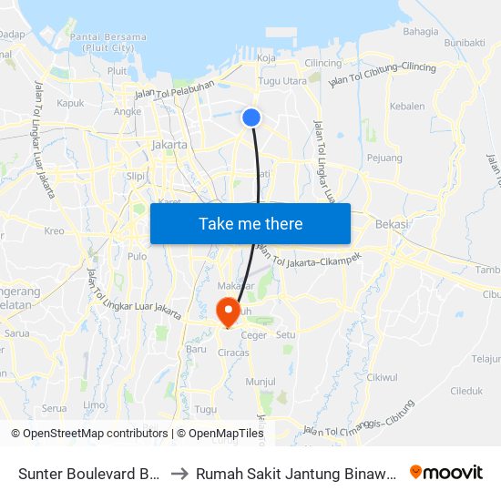 Sunter Boulevard Barat to Rumah Sakit Jantung Binawaluya map