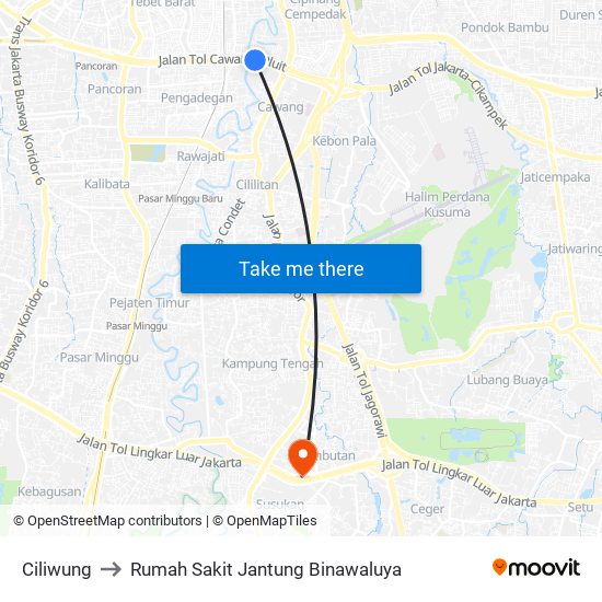 Ciliwung to Rumah Sakit Jantung Binawaluya map