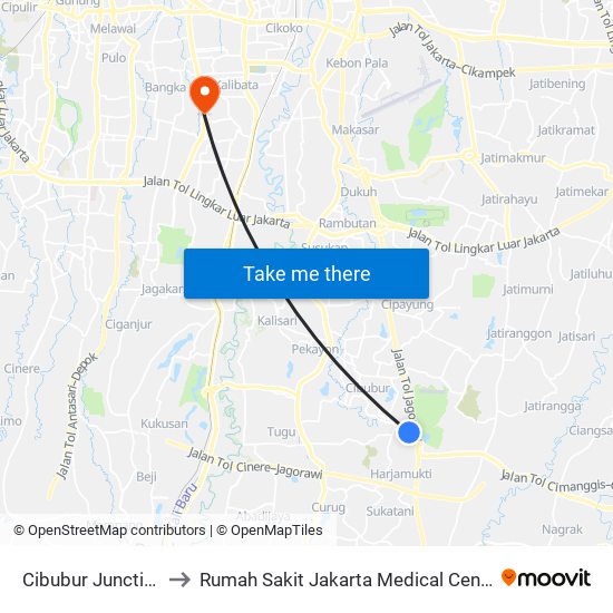 Cibubur Junction to Rumah Sakit Jakarta Medical Center map