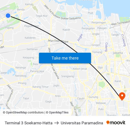 Terminal 3 Soekarno-Hatta to Universitas Paramadina map