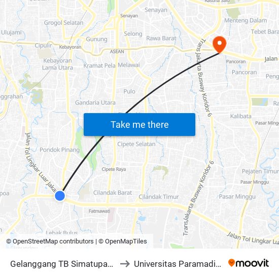 Gelanggang TB Simatupang to Universitas Paramadina map