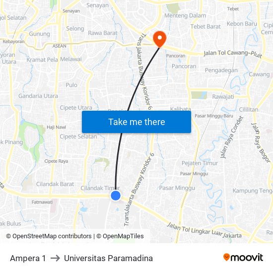 Ampera 1 to Universitas Paramadina map