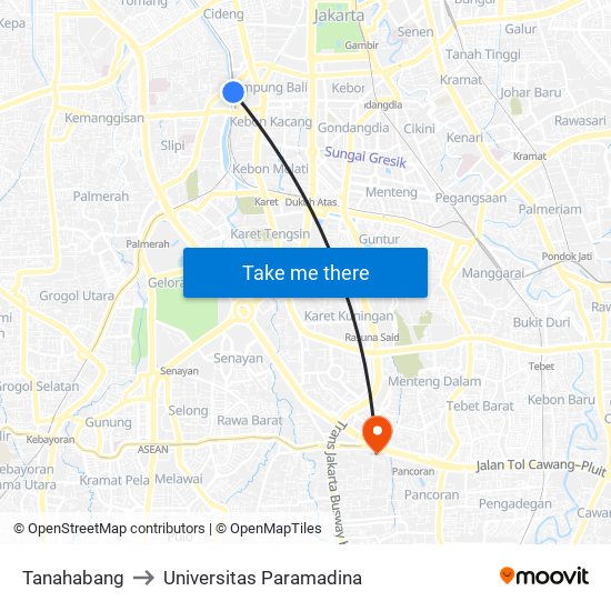 Tanahabang to Universitas Paramadina map