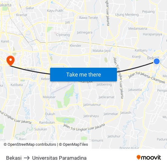 Bekasi to Universitas Paramadina map