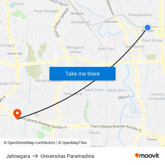 Jatinegara to Universitas Paramadina map