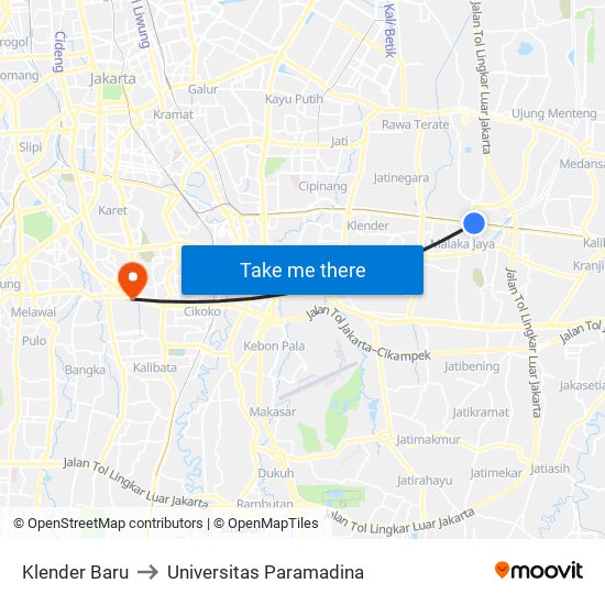 Klender Baru to Universitas Paramadina map