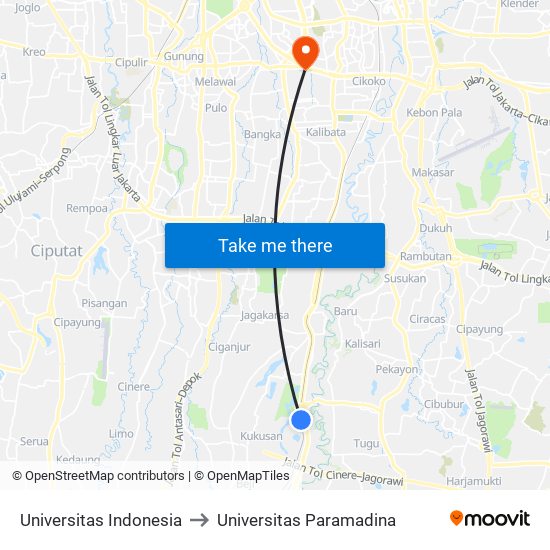 Universitas Indonesia to Universitas Paramadina map