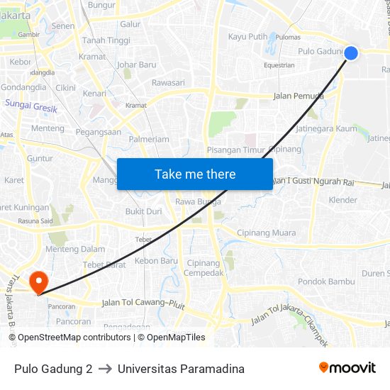 Pulo Gadung 2 to Universitas Paramadina map