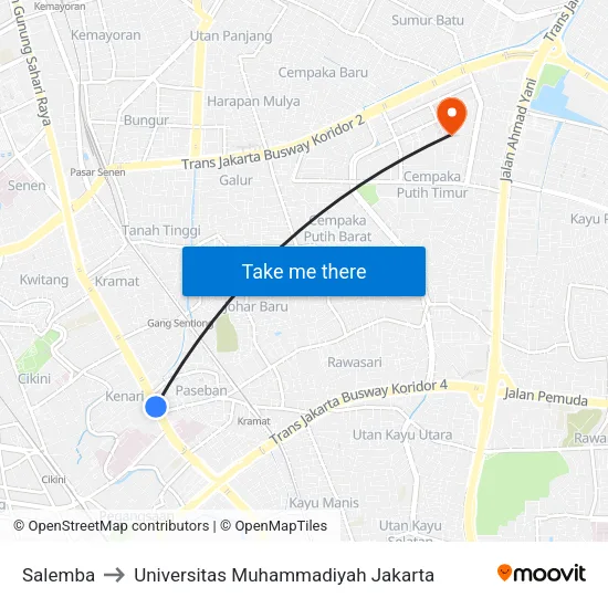 Salemba to Universitas Muhammadiyah Jakarta map