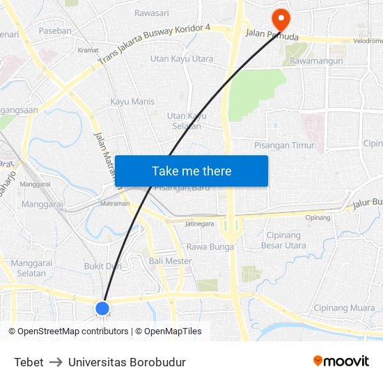 Tebet to Universitas Borobudur map