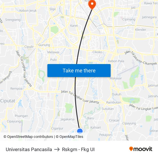 Universitas Pancasila to Rskgm - Fkg UI map