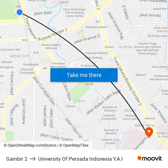 Gambir 2 to University Of Persada Indonesia Y.A.I map