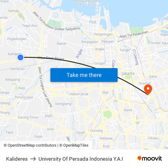 Kalideres to University Of Persada Indonesia Y.A.I map