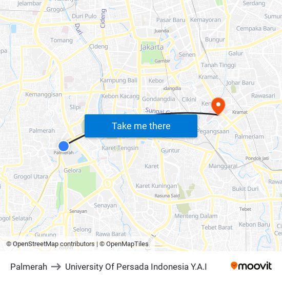 Palmerah to University Of Persada Indonesia Y.A.I map