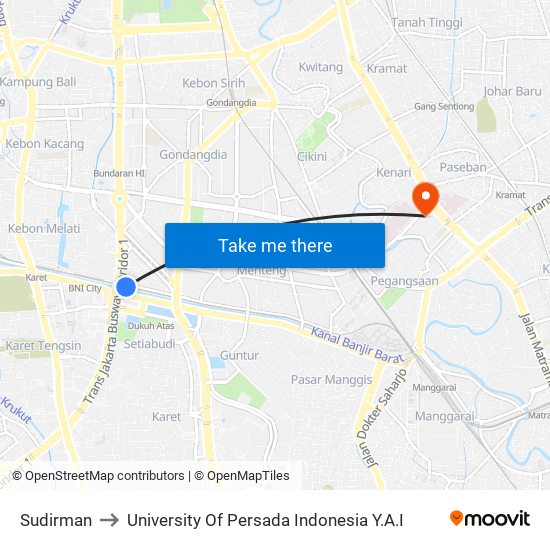 Sudirman to University Of Persada Indonesia Y.A.I map