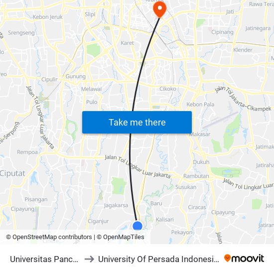 Universitas Pancasila to University Of Persada Indonesia Y.A.I map