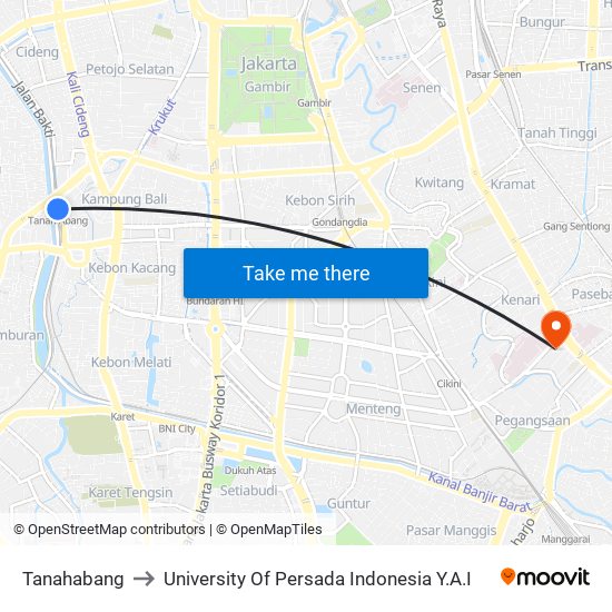 Tanahabang to University Of Persada Indonesia Y.A.I map