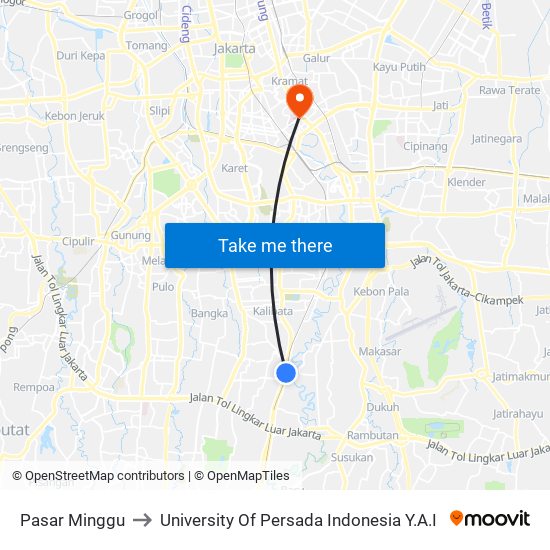 Pasar Minggu to University Of Persada Indonesia Y.A.I map